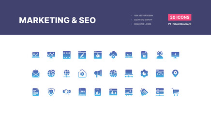 Marketing and Seo Icons Pack. SEO optimization icons. Set of line icons. Achieving results. SEO concept. Search Engine Optimization icon collection. Containing business - Filled Gradient - obrazy, fototapety, plakaty