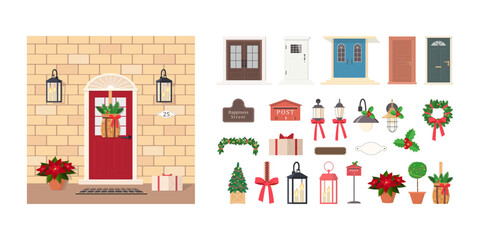 Collection of elements for decorating front door. Set includes Christmas tree, wreath, street lights, signs, garland. Exterior concept for house. Cartoon flat style. Vector illustration