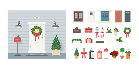 Set of elements for decorating front door. Collection includes Christmas tree, wreath, street lights, signs, garland. Exterior concept for house. Cartoon flat style. Vector illustration