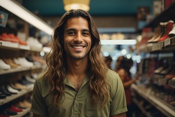 handsome long hair male cashier smiling at a shelf in a shoe store. Generative AI. - obrazy, fototapety, plakaty