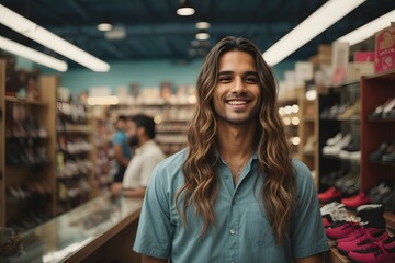 handsome long hair male cashier smiling at a shelf in a shoe store. Generative AI. - obrazy, fototapety, plakaty