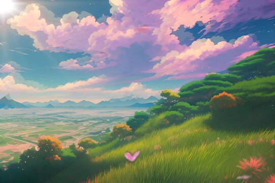 cloudy weather ,Summer mountain landscape. Anime seamless Background