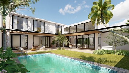 façade, each minimalist white, with a swimming pool in the front, many green areas, double height and special for living
