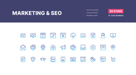 Marketing and Seo Icons Pack. SEO optimization icons. Set of line icons. Achieving results. SEO concept. Search Engine Optimization icon collection. Containing business - Line Gradient