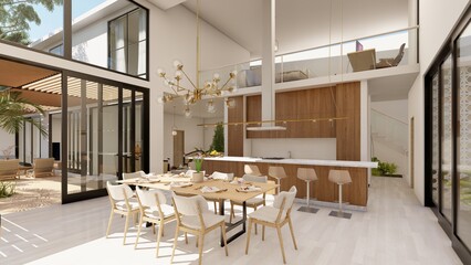 living room, dining room, kitchen, minimalist white house, with pool in the front, many open areas, double height and special for living, boho chic style, render, housing, beautiful house