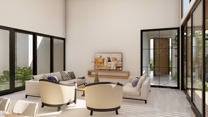 living room, dining room, kitchen, minimalist white house, with pool in the front, many open areas, double height and special for living, boho chic style, render, housing, beautiful house