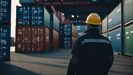 A dockworker walking in the harbor looks at the containers - obrazy, fototapety, plakaty