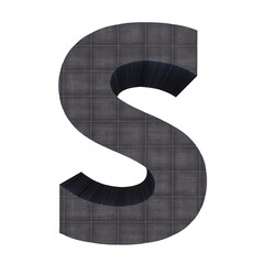 Quilted black fabric 3D letter S isolated on white background