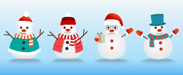 The collection of snowman wears the winter theme. Graphic resource about winter and Christmas for content, sticker labels, greeting cards, banners, headers, and posters. vector illustration.