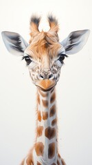 Adorable pastel illustration: Baby giraffe portrait for kids room, clean design on white backdrop. - obrazy, fototapety, plakaty