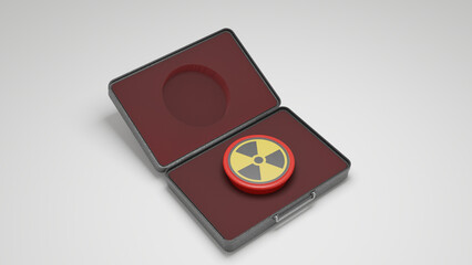 3d rendering. An open suitcase with a nuclear button.The idea of the threat of atomic war, nuclear blackmail. Weapons of mass destruction.