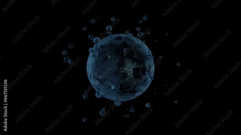 Aufkleber 3d rendering of an abstract sphere and a lot of droplets that fly apart. abstract 3d illustration. f