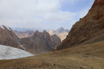 Chimtarga mountain pass landscape - highest peak of Fann mountains located between Mutnyi lake and Bolshoi Alo lake, Tajikistan