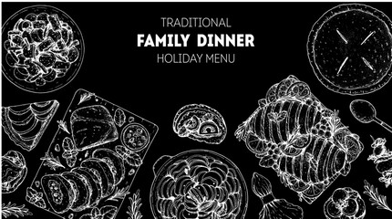 Family dinner. Holiday menu. Food design template. Engraved style background. Food and drink set. Hand drawn sketch, design template.