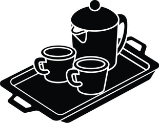 Cartoon Black and White Isolated Illustration Vector Of A Tea Kettle and Mugs on a Serving Tray