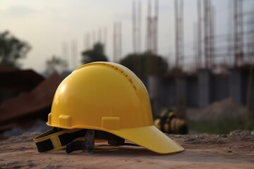 Yellow worker helmet with construction projects on site. Generative AI