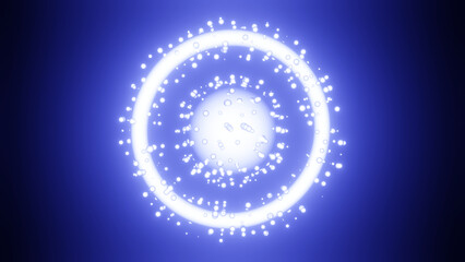 3d rendering of a sphere and a glowing ring with particles. Abstract illustration of a blue glowing object, a cosmic body, a multitude of elementary particles.