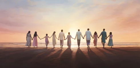 Fotobehang Illustration of group of people holding hands facing sunset. Peace concept. © Allistair/Peopleimages - AI