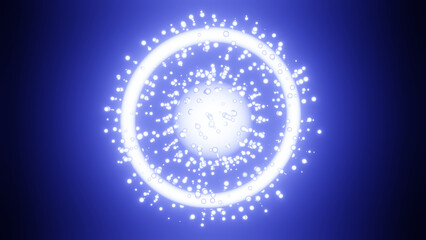 3d rendering of a sphere and a glowing ring with particles. Abstract illustration of a blue glowing object, a cosmic body, a multitude of elementary particles.