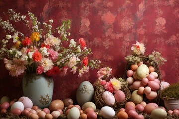 Obraz na płótnie Canvas Easter eggs and floral backdrop. Generative AI