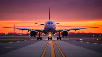 Passenger jet airbass taking off on a runway at dawn with a purple and orange sky sunset with runway lights. Generated AI
