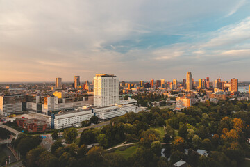 Sunset over Rotterdam city centre and its surrounding park. Sunset in one of the most modern cities in the Netherlands