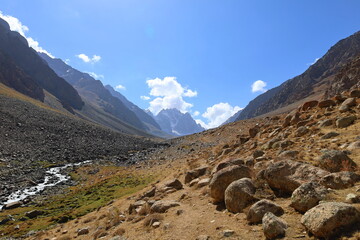 Mountain landscape from a hiking trail to Haft Kul Seven Lakes in Tajikistan