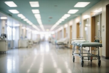 Naklejka na ściany i meble Blurred interior of hospital - abstract medical background.
