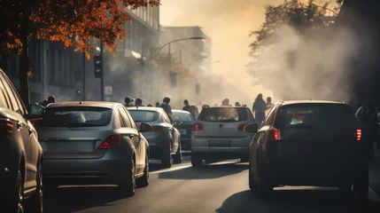Foto op Canvas Cars on the street of the city are stuck in a traffic jam. Heavy smoke © cherezoff