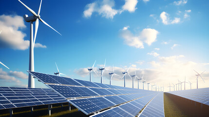Solar panels with wind turbines on the background