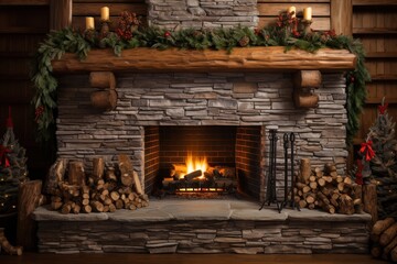 Burning Fireplace decorated for Christmas