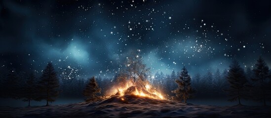 Artificial Intelligence rendering of bonfire with sparks and particles in front of a forest and starry sky