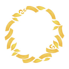 Round frame made of different types of Italian pasta for designing menus, certificates and booklets, and advertising cafes. Wreath. Isolated watercolor illustration. Clipart.