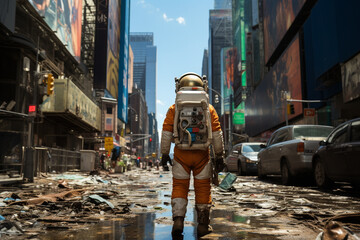 Space-suited astronaut man appears in an apocalyptic city, seen from behind with several cars and buildings in a city