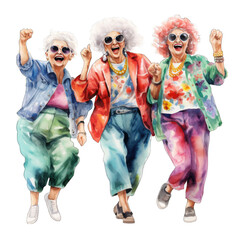 Old ladies dancing, group of people dancing. Watercolor style, isolated on transparent background