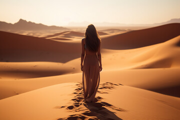 A woman walking alone through the desert dunes - obrazy, fototapety, plakaty