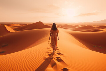 A beautiful woman walks alone on the desert dunes