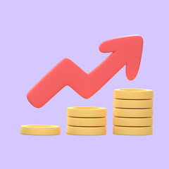 The pile of golden coins increased in number. with a red arrow pointing up. 3D Illustration with clipping path.
