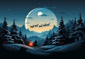 Obraz na płótnie Canvas A silhouette of Christmas Santa with reindeers flying