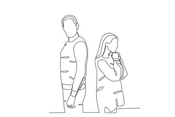 Fototapeta na wymiar A man and a woman separated. Breakup one-line drawing