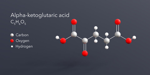 alpha-ketoglutaric acid molecule 3d rendering, flat molecular structure with chemical formula and atoms color coding