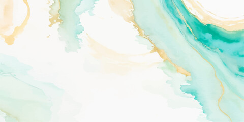 Abstract watercolor paint background illustration - Soft pastel green aquamarine color and golden lines, with liquid fluid marbled paper texture banner texture.	