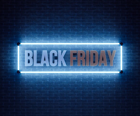 Fototapeta na wymiar Black Friday Sale neon banner. Design signboard for black Friday sale on brick wall texture. Glowing white and red neon letters in frame. Black Friday background. Online shop sale banner.3D Rendering