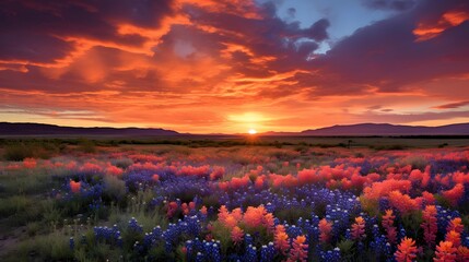 Sunset over a field of wildflowers. Panoramic image.