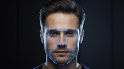 human face scrutinized with biometric analysis with a facial recognition program