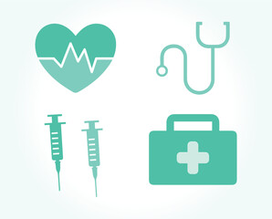 Heart, heartbeat, health, healthy. Medical kit, stethoscope, nurse. Set of syringes, bag. Medicine, hospital, clinic, care, instrument. Emergency, urgency, treatment. Vector, illustration, design