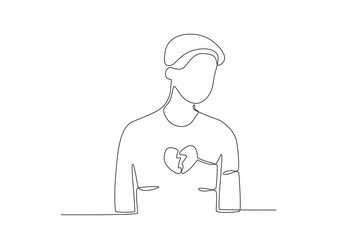 A man with a broken heart. Breakup one-line drawing