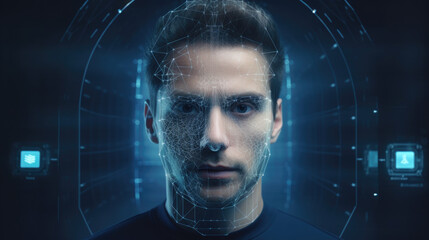 human face scrutinized with biometric analysis with a facial recognition program