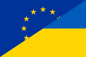 Ukraine and European Union flags on one canvas. A symbol of Europe's help against Russian aggression. - obrazy, fototapety, plakaty