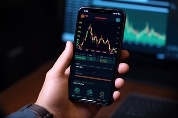 Photo of a crypto trader holds smartphone displaying fluctuating digital currency market. Investor constantly analyzes data staying informed to make well-thoughtful decisions to impact investments - obrazy, fototapety, plakaty